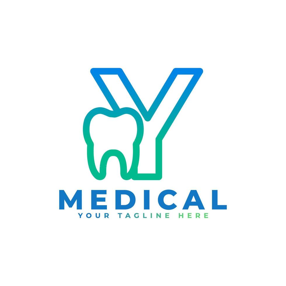 logotipo de la clínica dental. letra de forma lineal azul y vinculada con el símbolo del diente en el interior. utilizable para dentista, atención dental y logotipos médicos. elemento de plantilla de ideas de diseño de logotipo de vector plano.