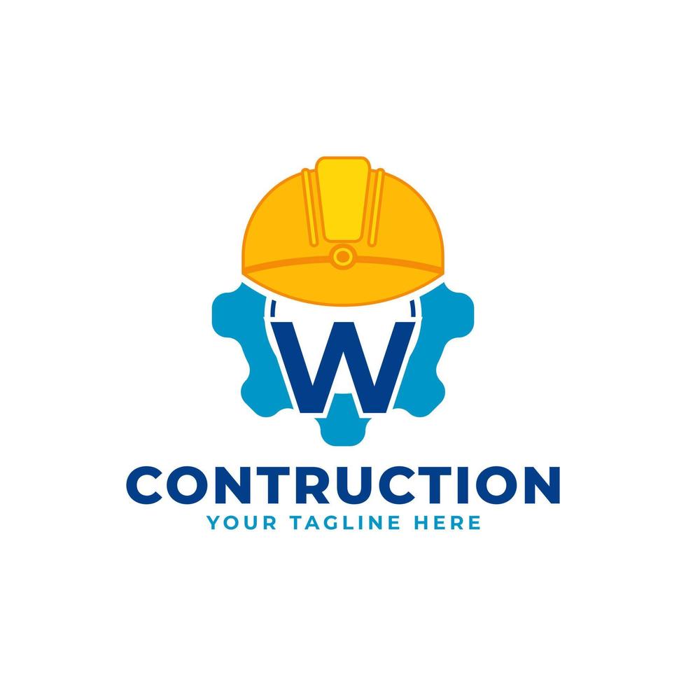 Initial Letter W with Gear and Helmet. Construction and Engineering Logo Concept vector