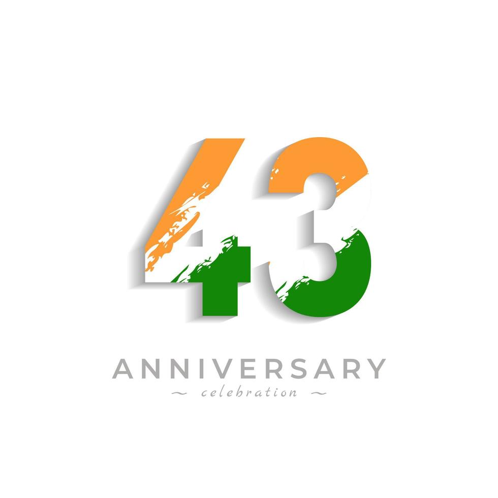 Celebración del aniversario de 43 años con barra blanca de pincel en azafrán amarillo y color verde de la bandera india. saludo de feliz aniversario celebra evento aislado sobre fondo blanco vector