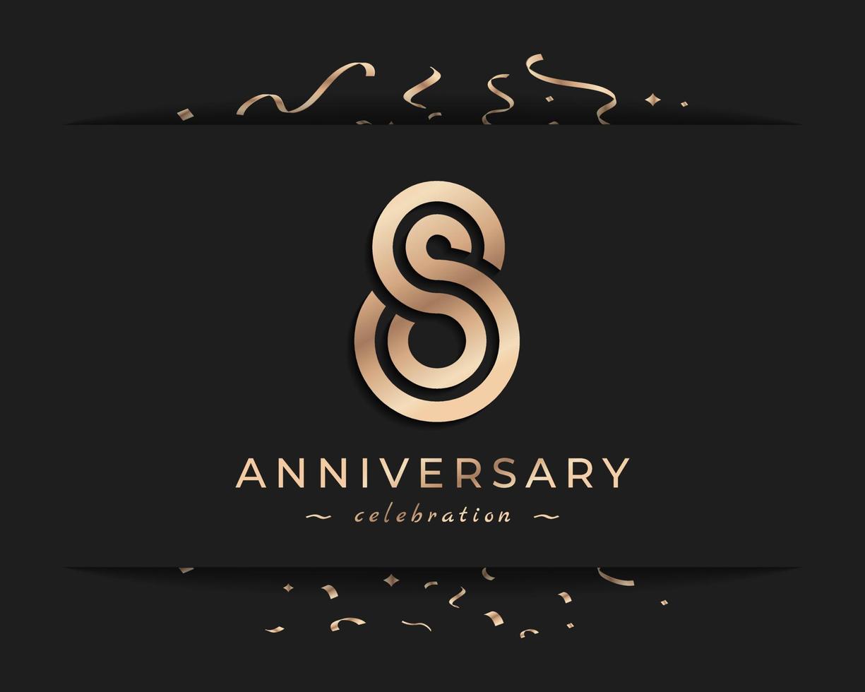 Diseño de estilo de logotipo de celebración de aniversario de 8 años. el saludo de feliz aniversario celebra el evento con múltiples líneas doradas y confeti aislado en la ilustración de diseño de fondo oscuro vector