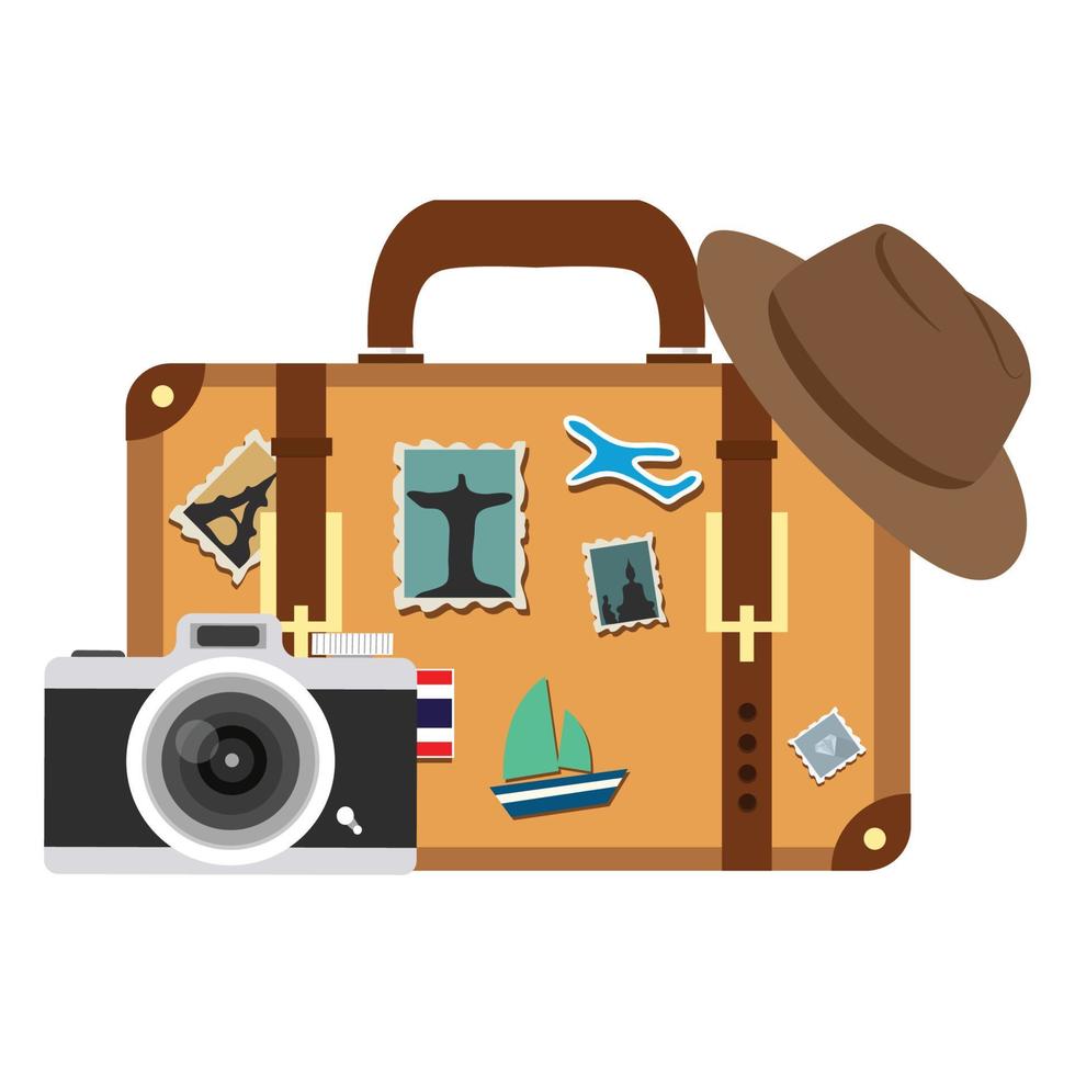 Suitcase with hat and camera vector