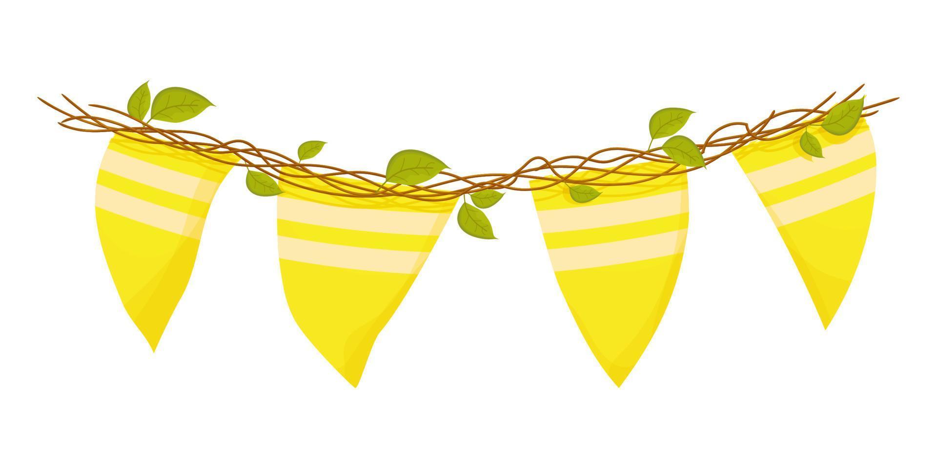 Blank banner, hanging flags, bunting with sticks and green leaves for spring, Easter, baby showers and sales, on transparent background, in cartoon style isolated on white background. vector