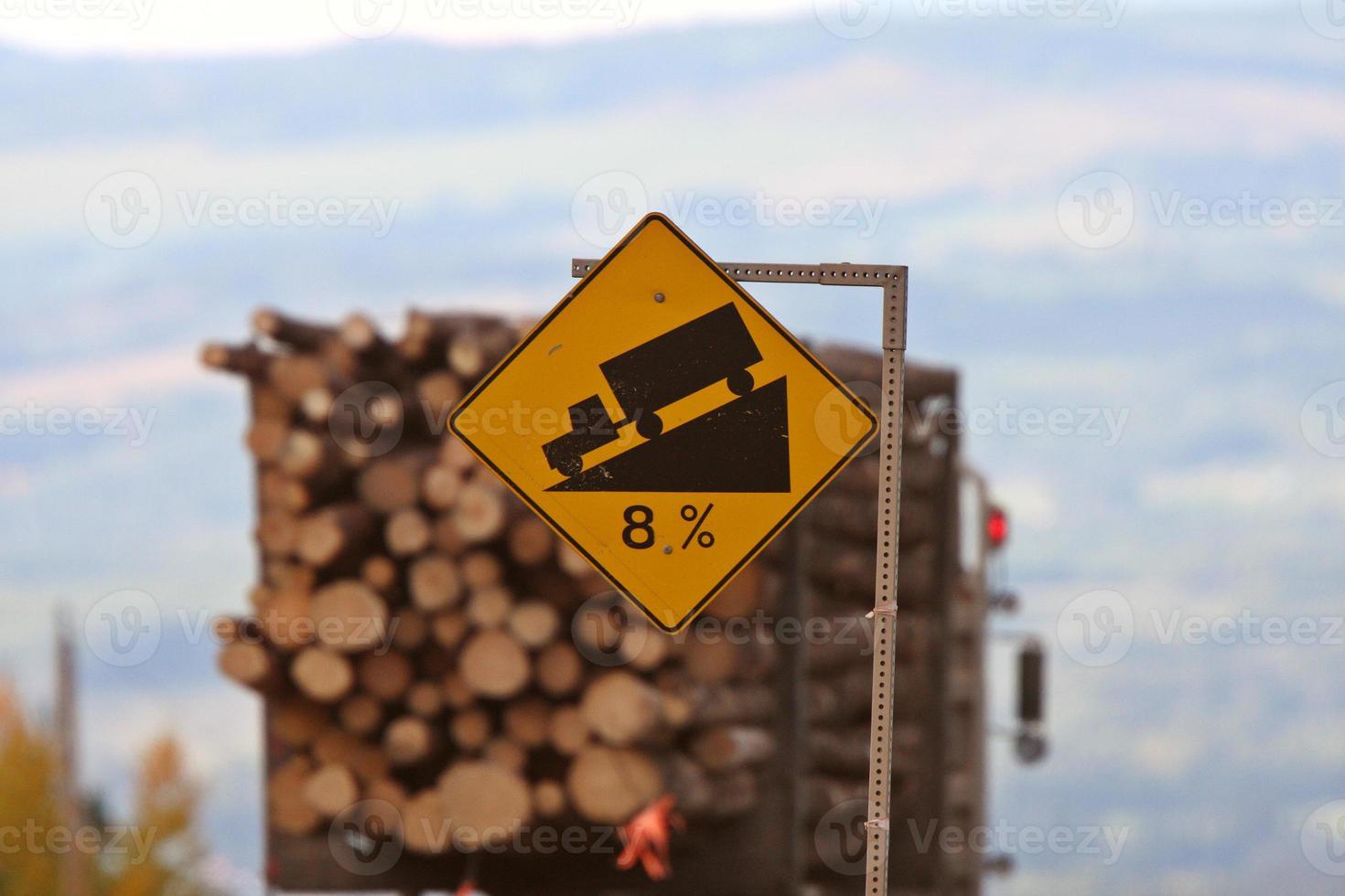 Logging truck approaching steep grade photo