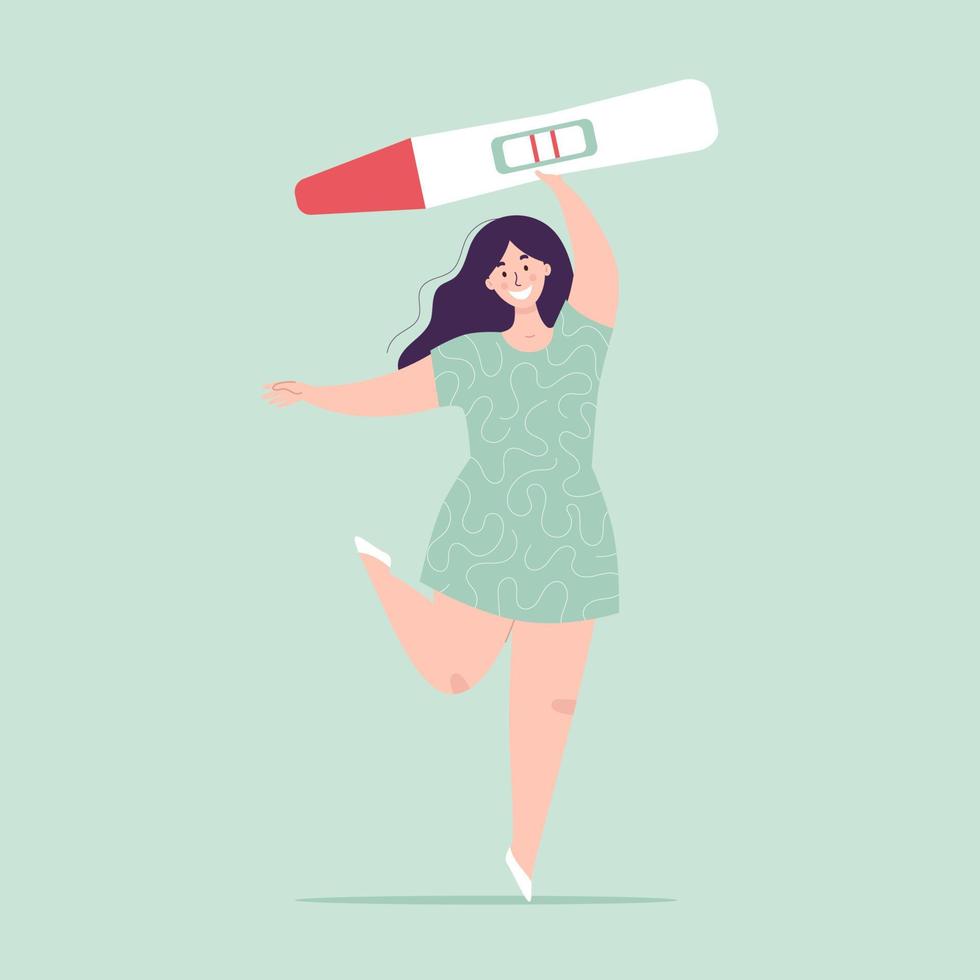 Young woman holding a big pregnancy test. Positive result, two stripes. Pregnancy planning concept, difficulties of conception, fertilization. Happy character. Flat vector illustration