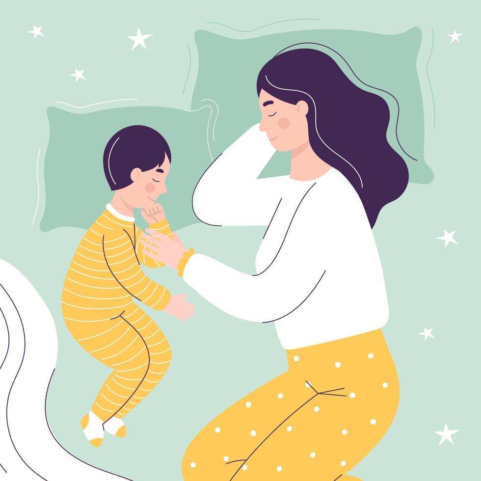 Beautiful mom and son are sleeping in bed. The concept of children sleeping together with parents. Flat vector cartoon illustration