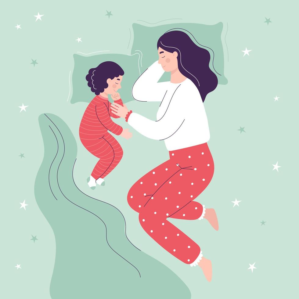 Beautiful mom and daughter are sleeping in bed. The concept of children sleeping together with parents. Flat vector cartoon illustration