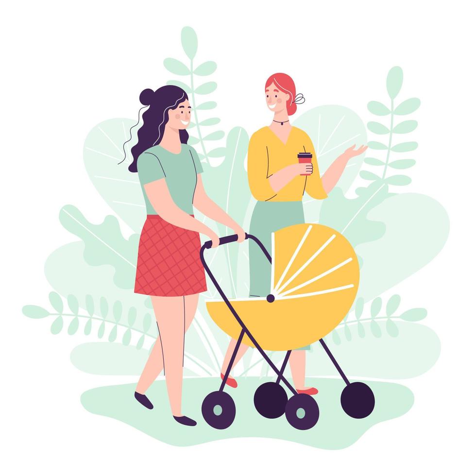 Two young women walking with baby carriages, talking and smiling.Concept of happy motherhood, female friendship, activity with kids.Flat cartoon vector illustration