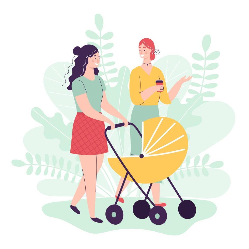 dos mujeres jóvenes caminando con carros de bebé, hablando y sonriendo. concepto de maternidad feliz, amistad femenina, actividad con niños. ilustración de vector de dibujos animados plana