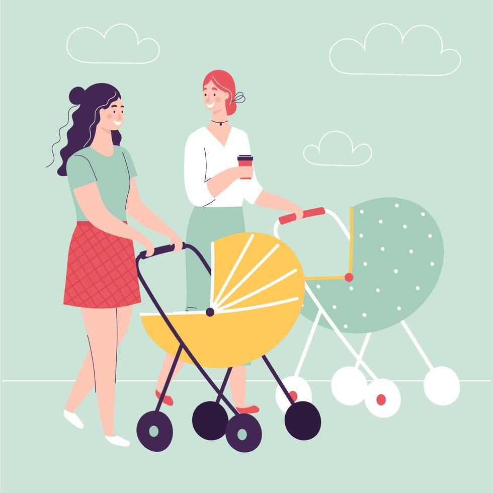 dos mujeres jóvenes caminando con carros de bebé, hablando y sonriendo. concepto de maternidad feliz, amistad femenina, actividad con niños. ilustración de vector de dibujos animados plana