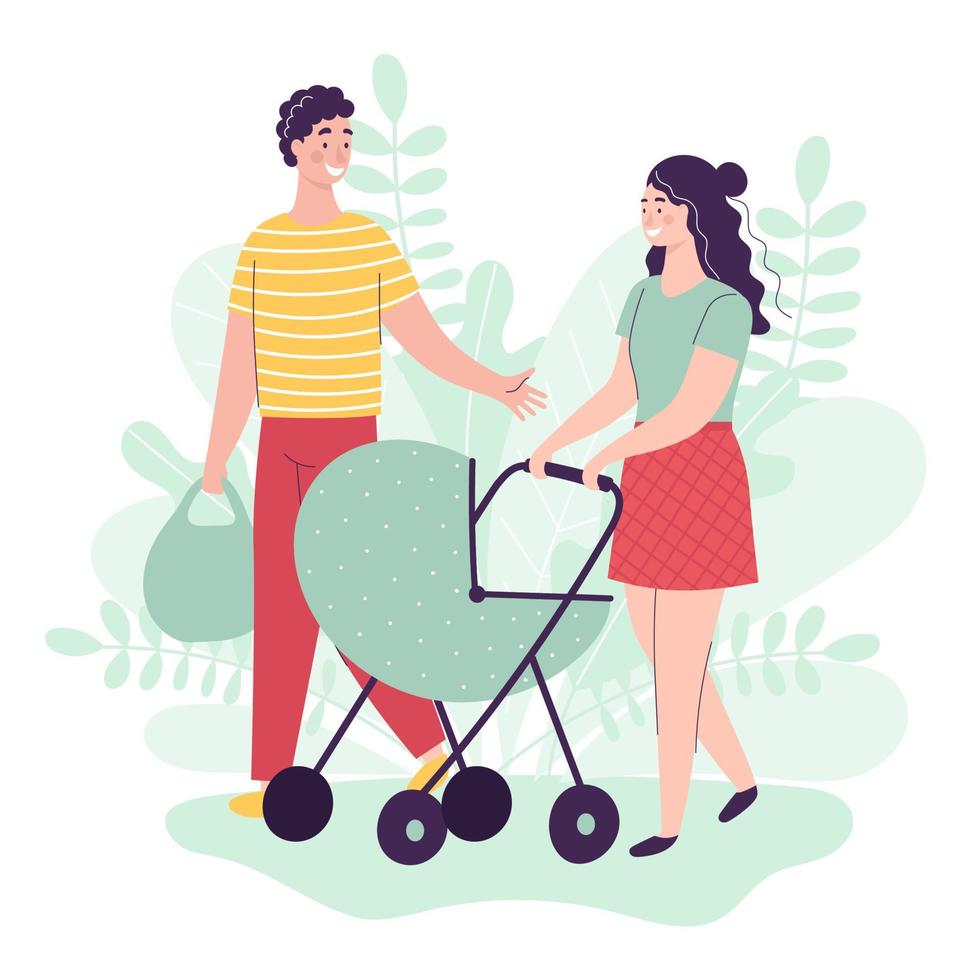 un joven y una mujer caminan con un bebé en un cochecito. padres felices, familia. gente hablando sonrisa ilustración vectorial de dibujos animados plana vector