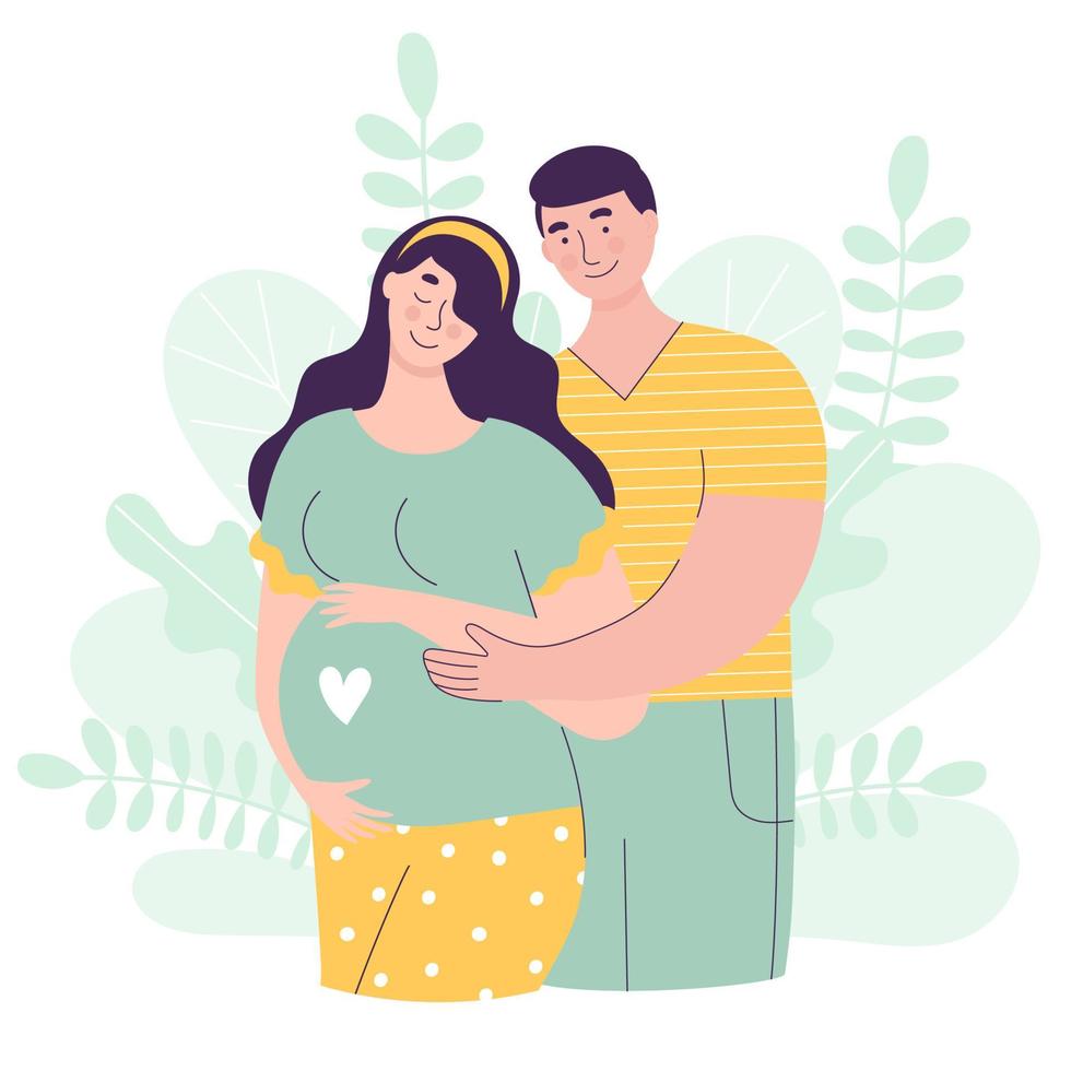 Beautiful couple in anticipation of a baby. Pregnant woman, husband and wife, family, parents. Happy pregnancy concept, fertilization, conception. Flat vector illustration with cute characters