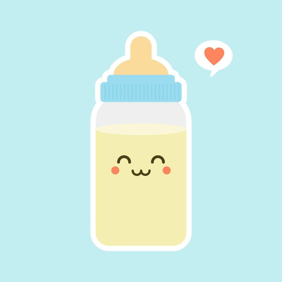 diseño plano del biberón de leche para bebés. divertidos personajes de botellas de leche con caras sonrientes, ilustración vectorial de dibujos animados aislada en el fondo de color. linda y kawaii botella de leche. vector