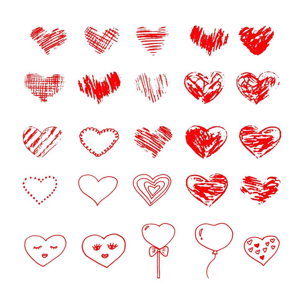 conjunto de corazón garabato dibujado a mano. , minimalismo, icono, pegatina, decoración. amor, día de san valentín, rojo. vector