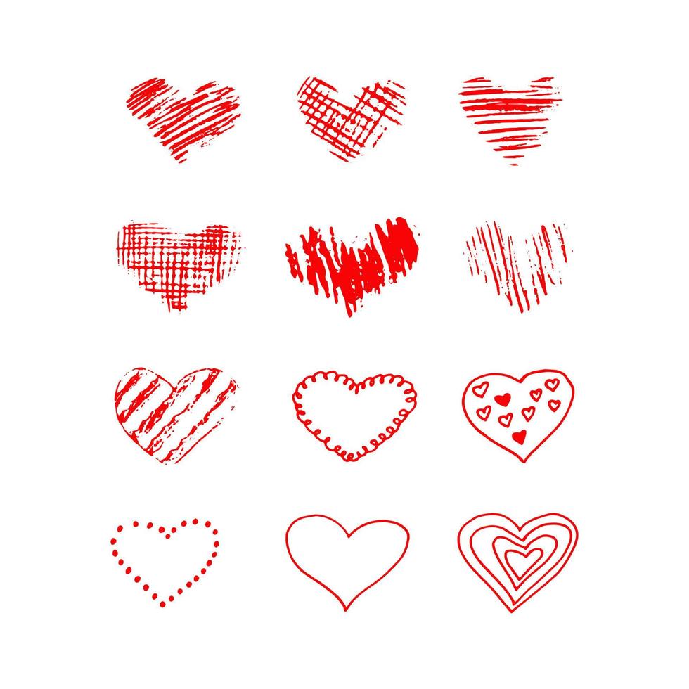 conjunto de corazón garabato dibujado a mano. , minimalismo, icono, pegatina, decoración. amor, día de san valentín, rojo. vector
