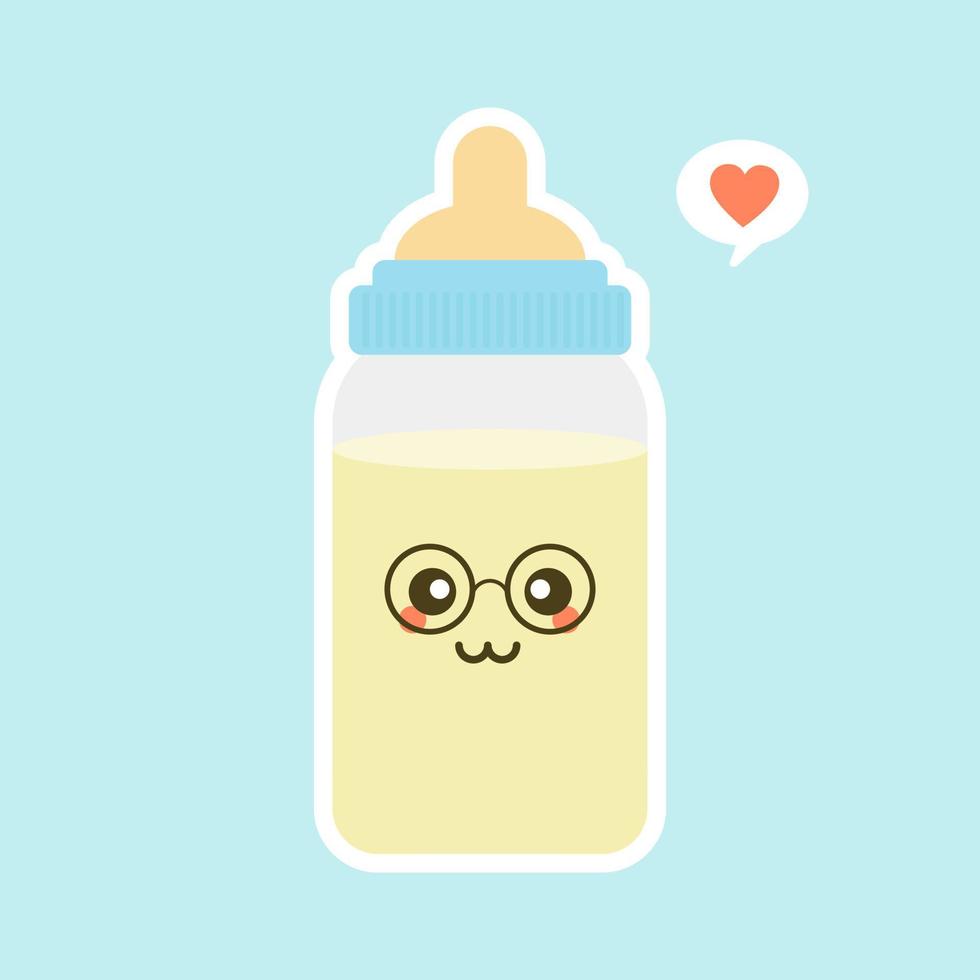 diseño plano del biberón de leche para bebés. divertidos personajes de botellas de leche con caras sonrientes, ilustración vectorial de dibujos animados aislada en el fondo de color. linda y kawaii botella de leche. vector