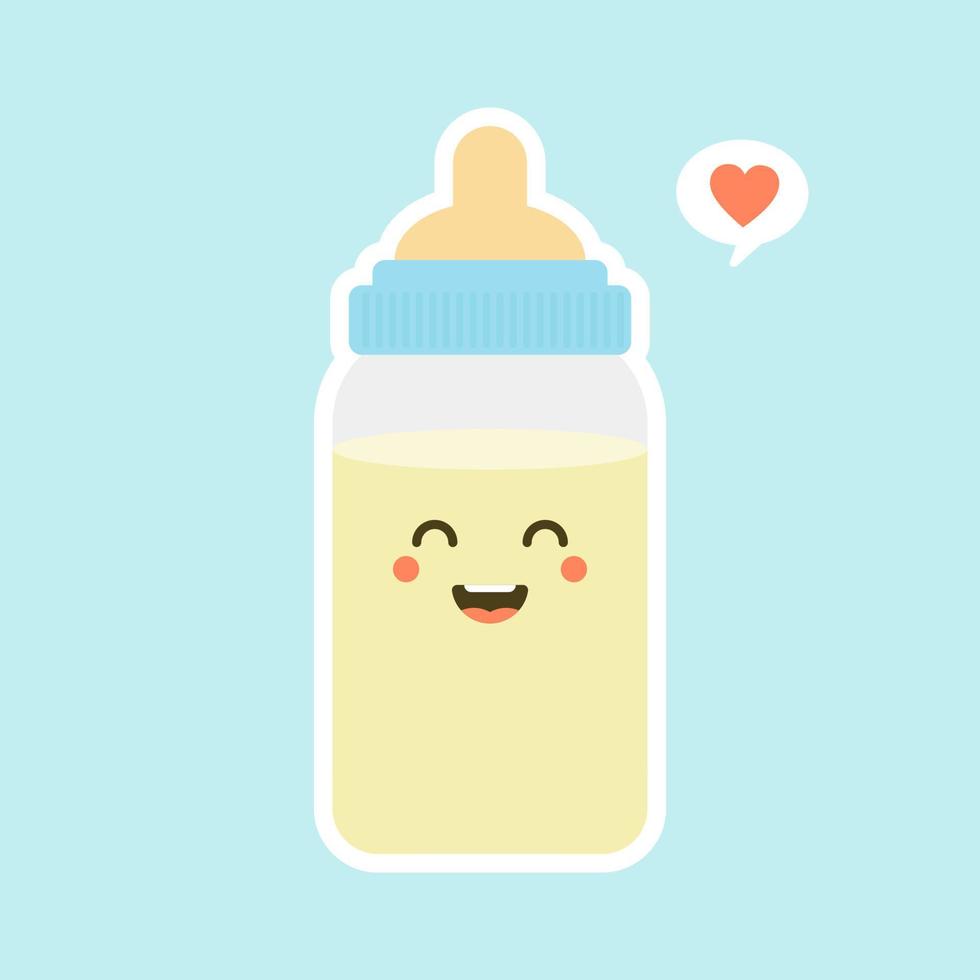 baby milk bottle flat design. Funny milk bottle characters with smiling faces, cartoon vector illustration isolated on color background. Cute and kawaii milk bottle.