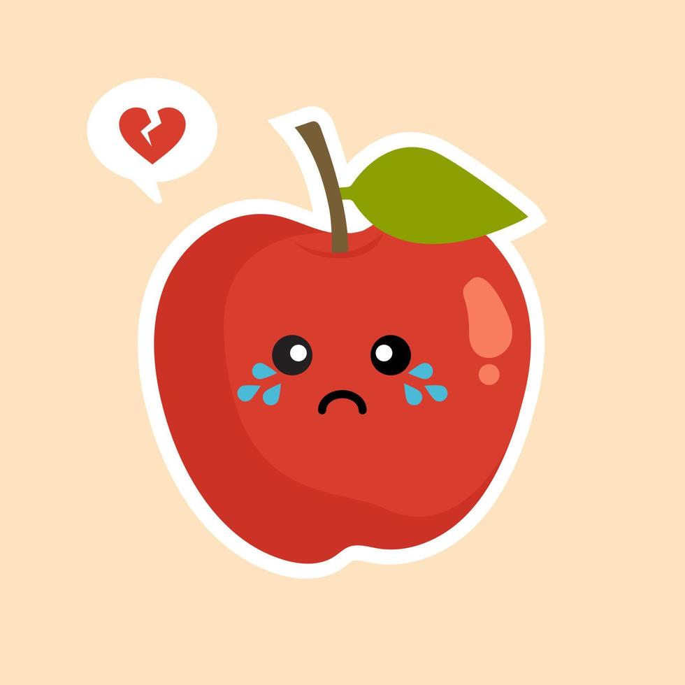 lindo y divertido personaje de manzana roja, mascota, elemento de decoración, ilustración vectorial de dibujos animados aislada en el fondo de color. personaje divertido de manzana roja, concepto de atención médica para niños. manzana kawaii vector