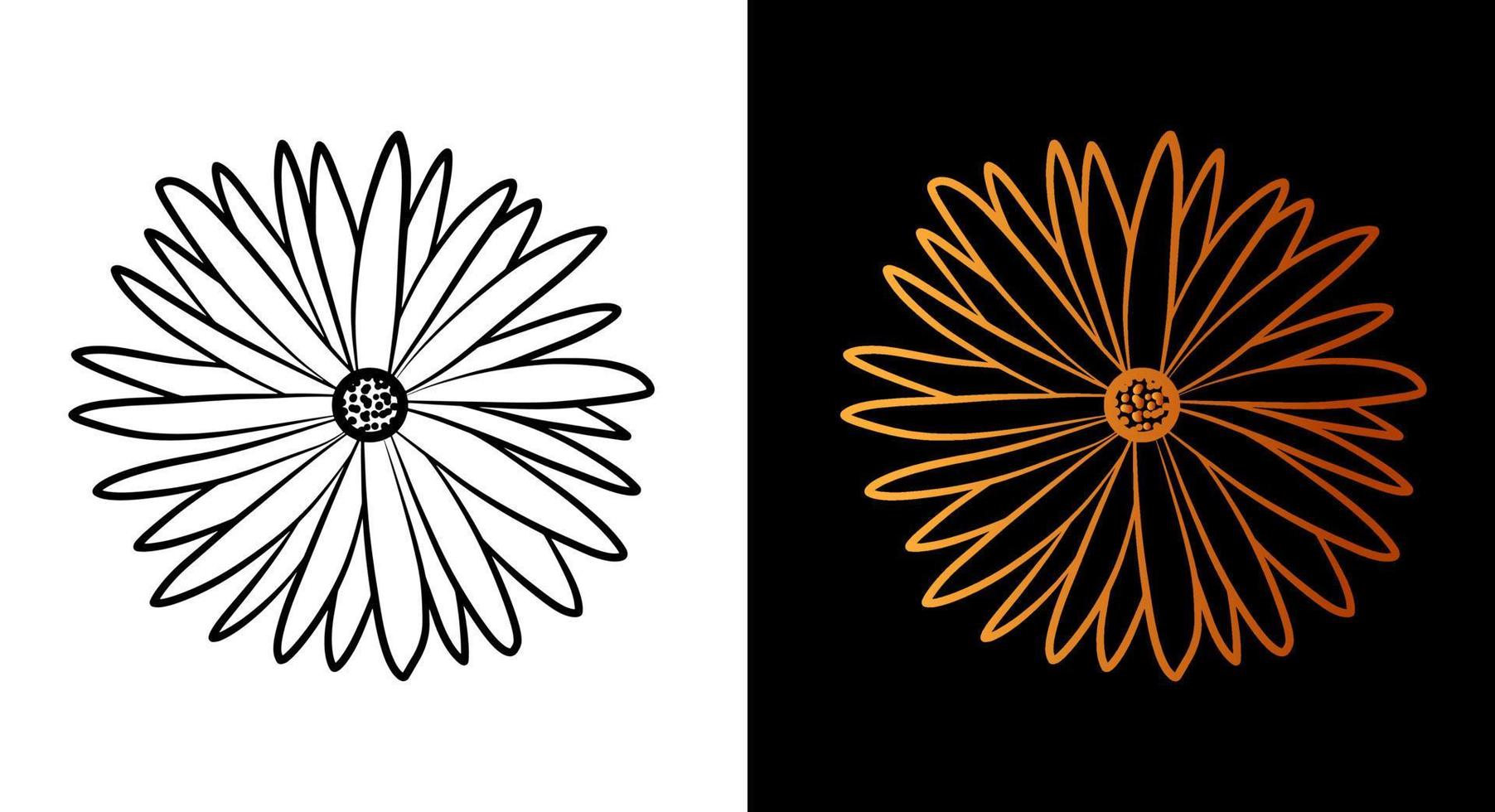 Flower outline icon, simple doodle sketch line art style, black and gold floral botany set. Beauty elegant logo design element. Graphic isolated symbol drawing. Flat floral shape. Wedding print card. vector