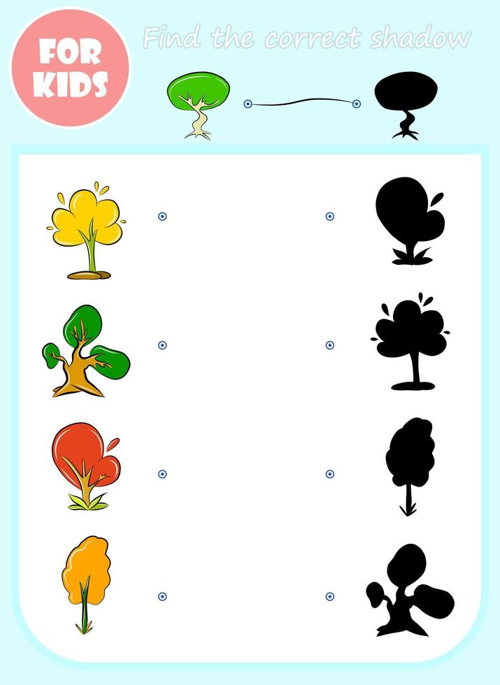 Find correct shadow vector cartoon template, educational game for kids, preschool learning concept book, doodle forest tree plant shape isolated set, elementary choose page, matching game for children