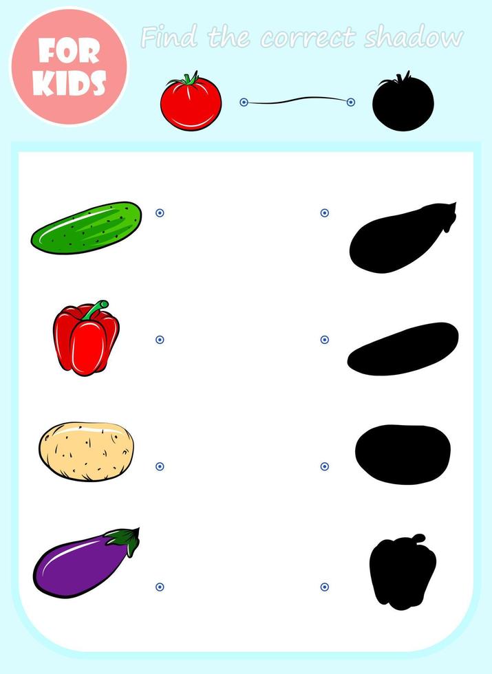 Find correct shadow vector cartoon template, educational game for kids, preschool learning concept book, doodle vegetable food shape isolated set, elementary choose page, matching game for children.