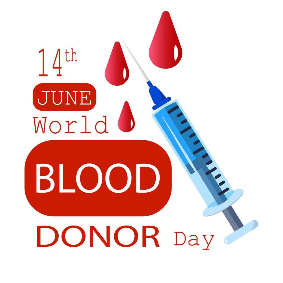 International world blood donor day celebration concept, flat web cartoon design, vector isolated illustration template, medicine and health care, lifesaving donation volunteer, red blood drop syringe