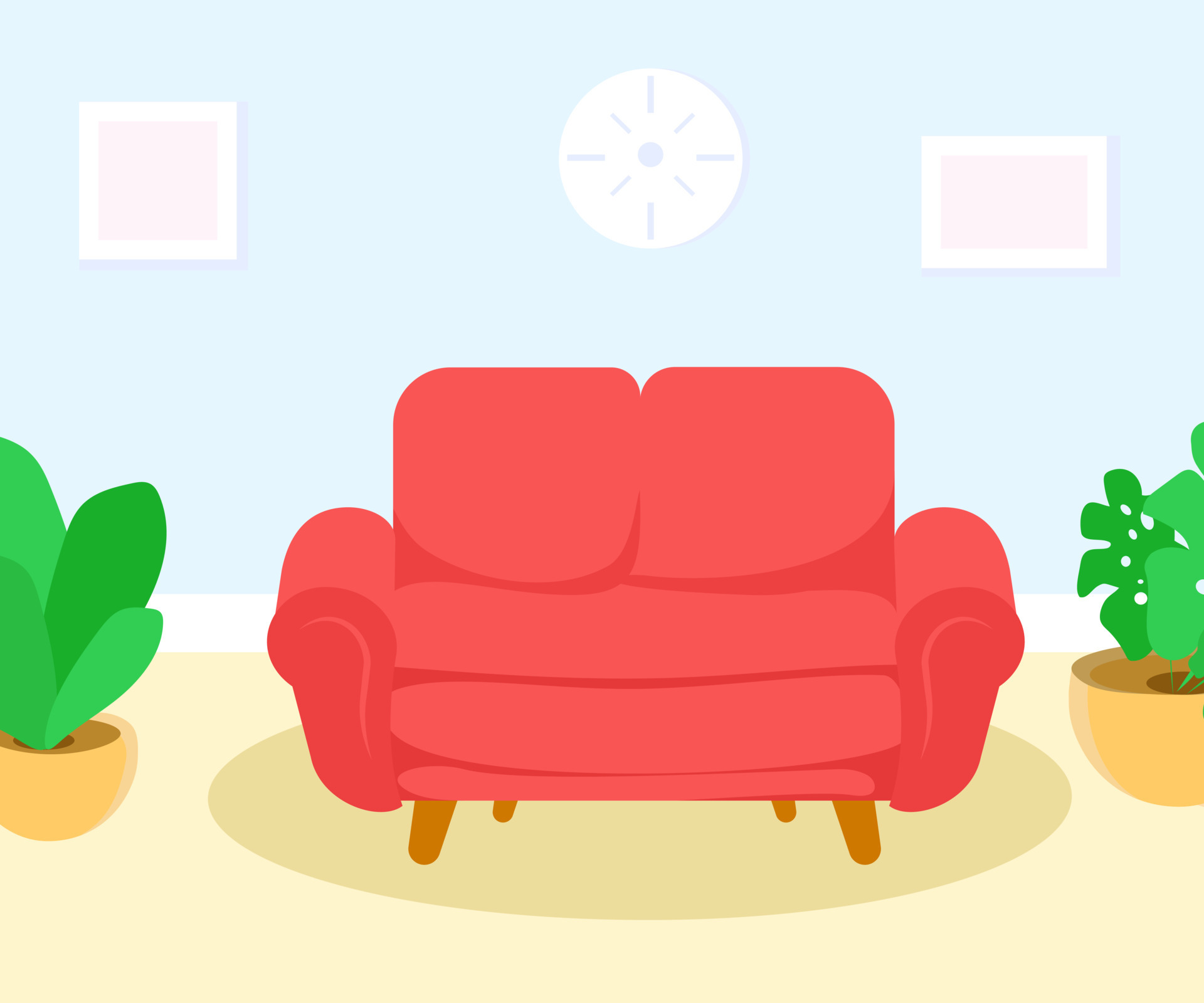 Red sofa cozy home interior, living room cartoon flat concept ...