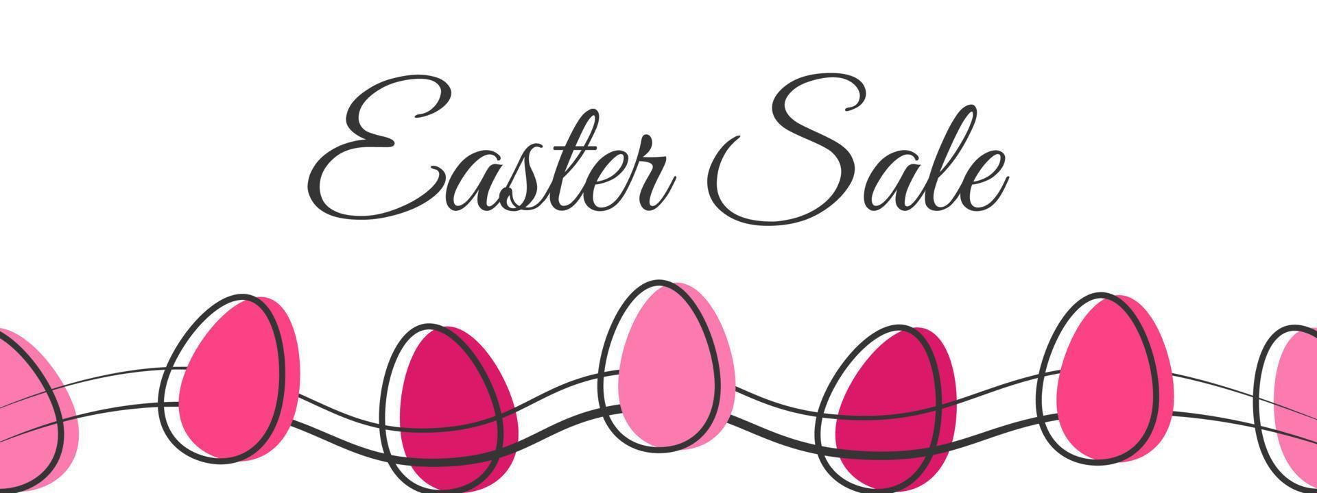 Easter sale web banner. Flat isolated vector template, pink egg with black outline, simple doodle drawing, graphic shape design illustration. Modern celebration background. Shopping marketing concept.
