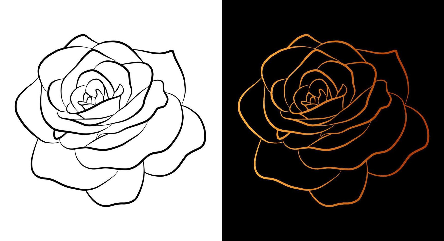 Rose flower outline icon, simple doodle sketch line art style, black and gold floral botany set. Beauty elegant logo design. Graphic isolated symbol drawing. Flat shape, wedding tattoo card. vector