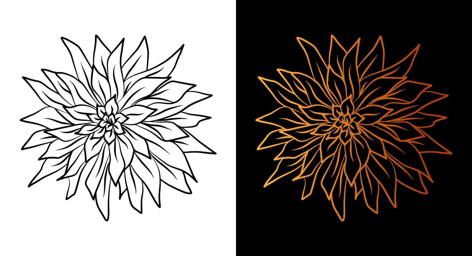 Flower outline icon, simple doodle sketch line art style, black and gold flower botany set. Beauty elegant logo design element. Graphic isolated symbol drawing. Flat shape, wedding tattoo print card. vector