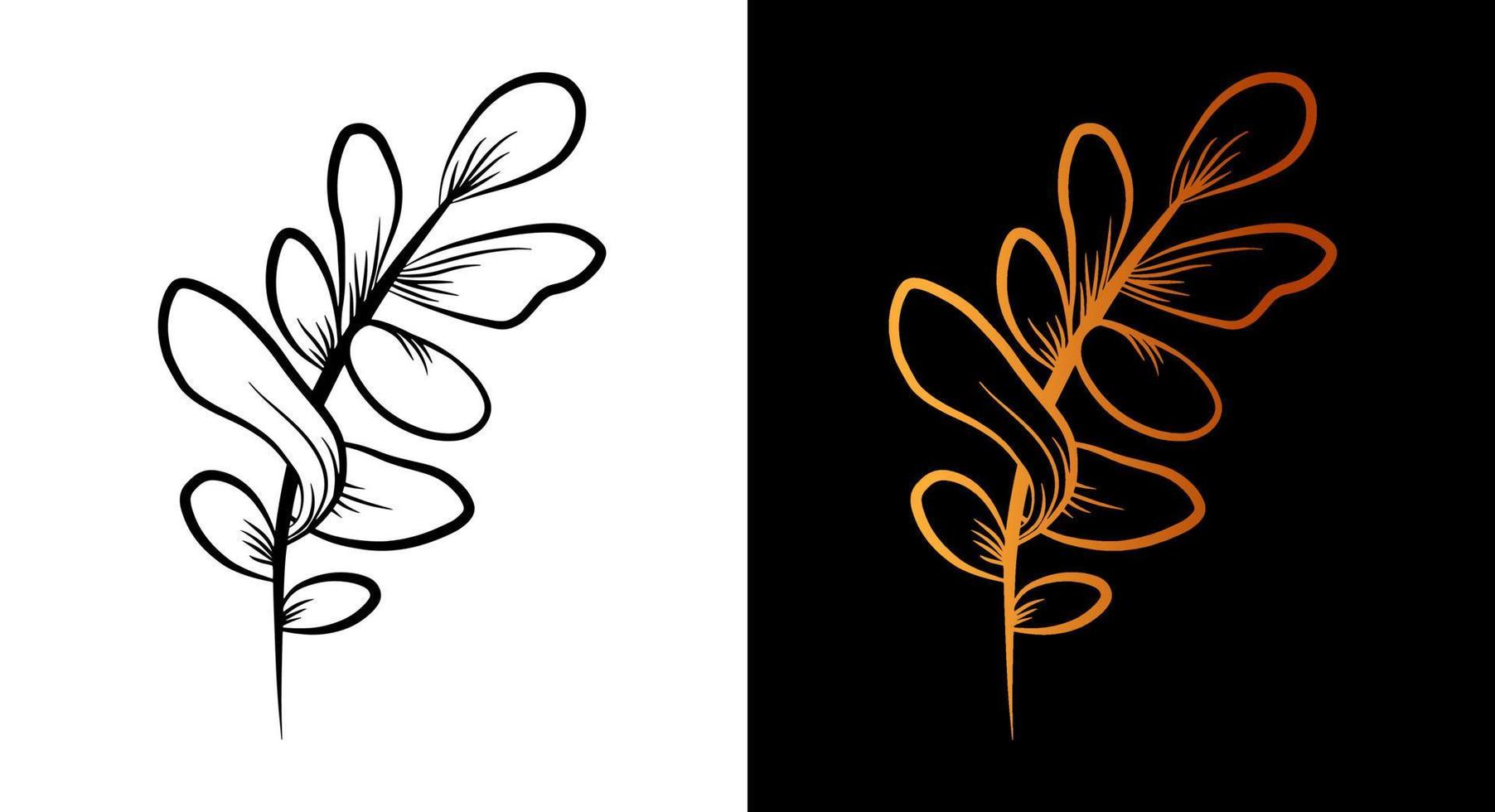 Herbal outline icon, simple doodle sketch line art style, black and gold branch botany set. Beauty elegant logo design element. Graphic isolated symbol drawing. Flat shape, wedding tattoo print card. vector