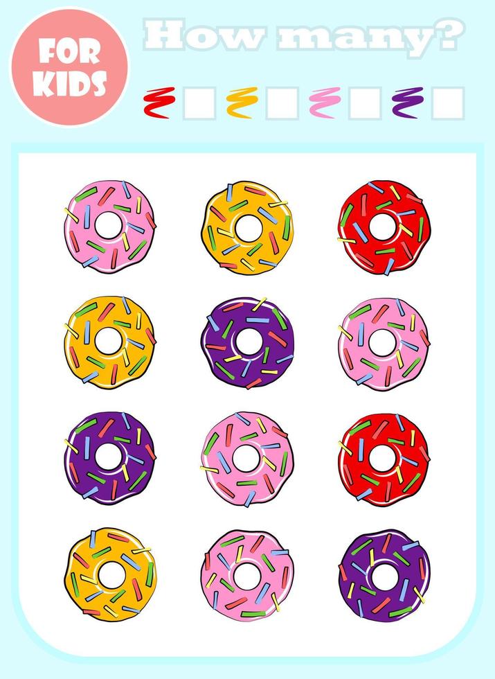 How many colour vector educational game for children. Counting mathematical book template, preschool learning concept. Cartoon hand drawn illustration, cute activity for kids. Sweet donut food set.