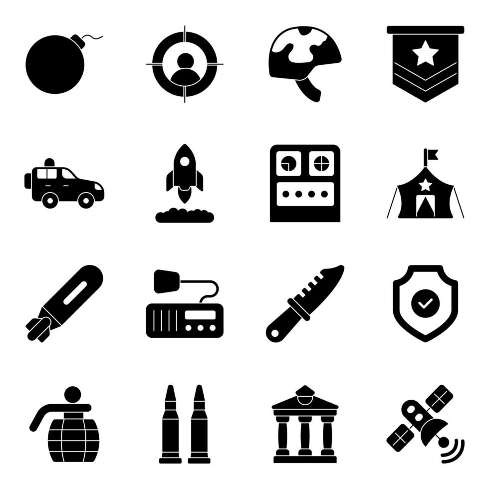 Pack of Military Equipment Glyph Icons vector