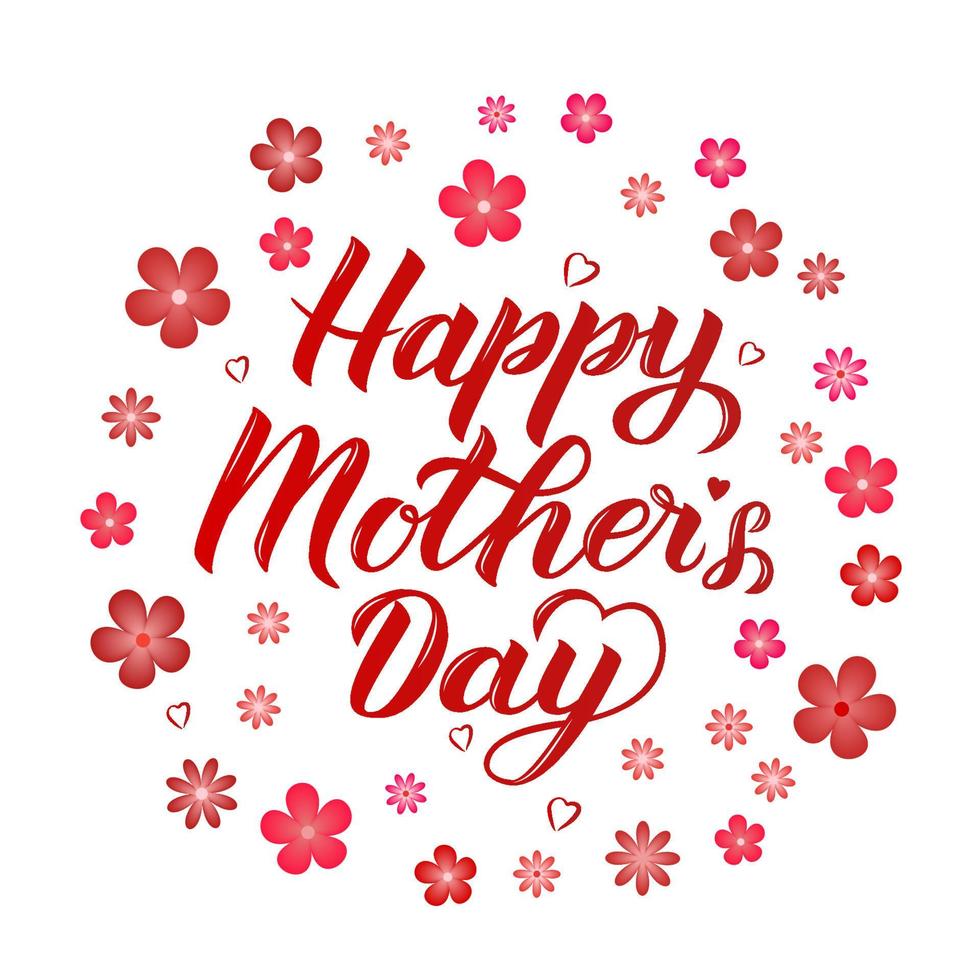 Happy Mother s Day calligraphy lettering on white background with spring flowers. Mothers day typography poster. Easy to edit vector template for party invitations, greeting cards, etc.