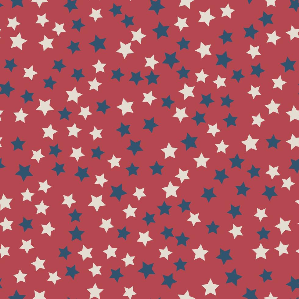 patrón sin costuras de estrellas dispersas en colores de la bandera americana roja, azul y blanca. día de la independencia de estados unidos 4 de julio o día conmemorativo. Ilustración de vector patriótico retro.