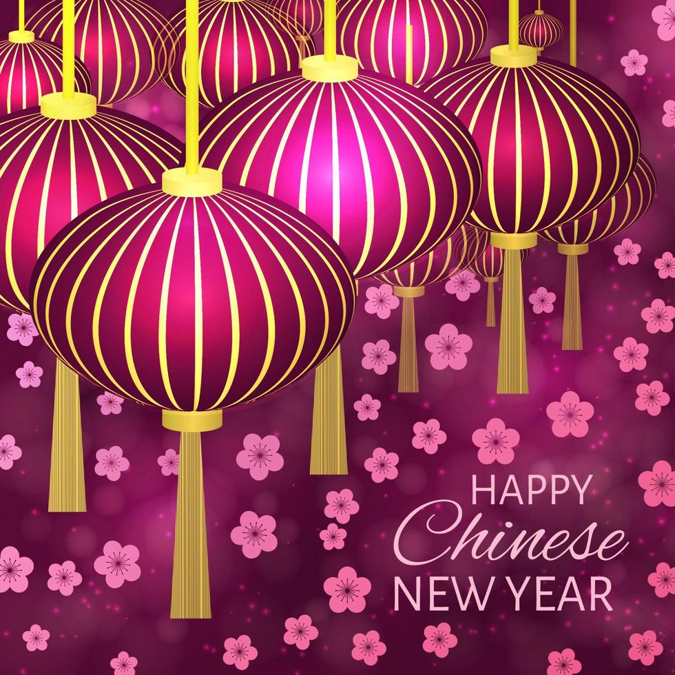 Chinese New Year vector illustration with lanterns and cherry blossom on bokeh background. Easy to edit design template for you rprojects. Can be used as greeting cards, banners, invitations etc.