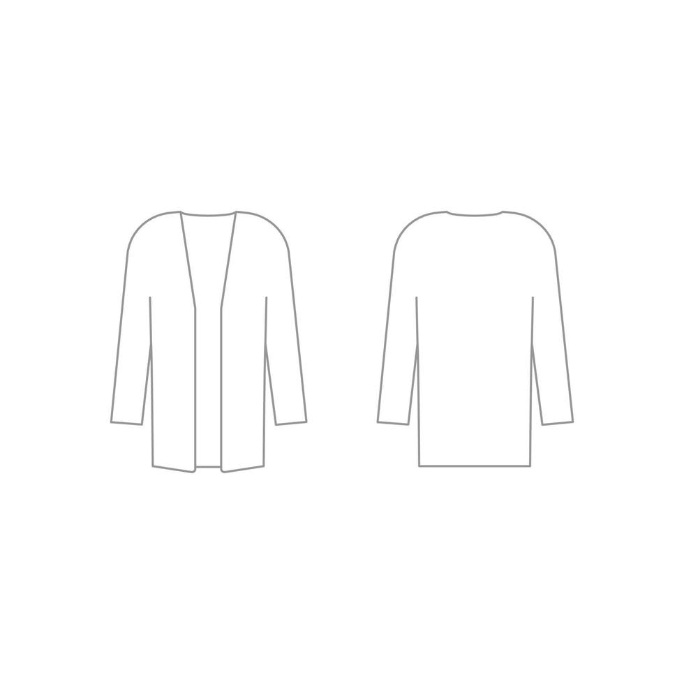 Woman cardigan clothes outline template with long sleeve. Cardigan technical mockup in front and back view. Vector illustration