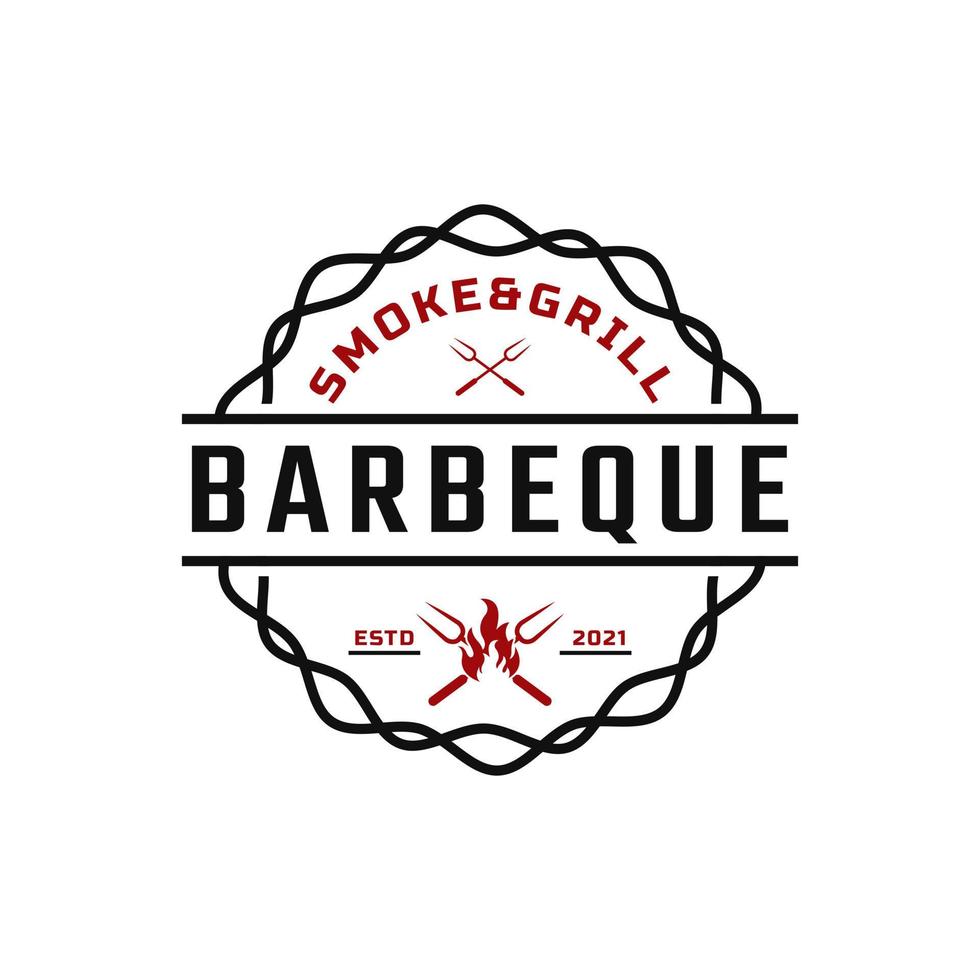 Classic Vintage Retro Label Badge for Grill Barbeque Barbecue BBQ with Crossed Fork and Fire Flame Logo Design Inspiration vector