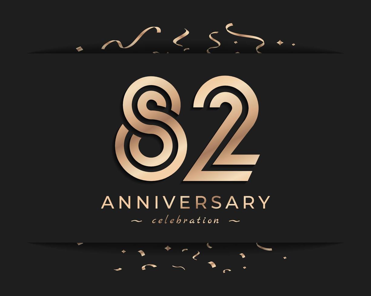 82 Year Anniversary Celebration Logotype Style Design. Happy Anniversary Greeting Celebrates Event with Golden Multiple Line and Confetti Isolated on Dark Background Design Illustration vector