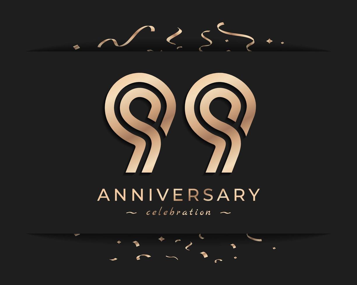 Diseño de estilo de logotipo de celebración de aniversario de 99 años. el saludo de feliz aniversario celebra el evento con múltiples líneas doradas y confeti aislado en la ilustración de diseño de fondo oscuro vector