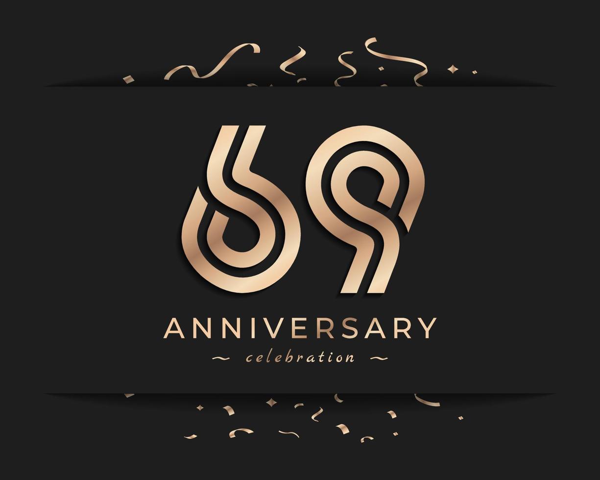 Diseño de estilo de logotipo de celebración de aniversario de 69 años. el saludo de feliz aniversario celebra el evento con múltiples líneas doradas y confeti aislado en la ilustración de diseño de fondo oscuro vector