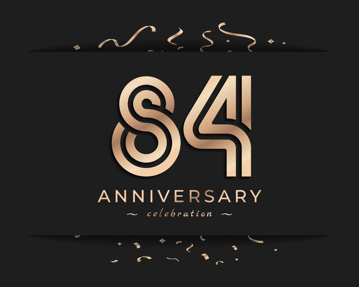 Diseño de estilo de logotipo de celebración de aniversario de 84 años. el saludo de feliz aniversario celebra el evento con múltiples líneas doradas y confeti aislado en la ilustración de diseño de fondo oscuro vector