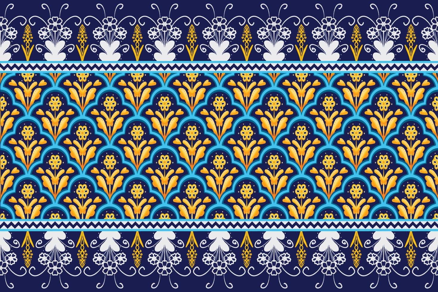 Yellow Flower on Navy Blue, White Geometric ethnic oriental pattern traditional Design for background,carpet,wallpaper,clothing,wrapping,Batik,fabric, vector illustration embroidery style
