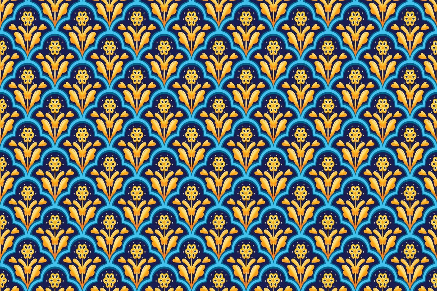 Yellow Flower on Navy Blue, White Geometric ethnic oriental pattern traditional Design for background,carpet,wallpaper,clothing,wrapping,Batik,fabric, vector illustration embroidery style