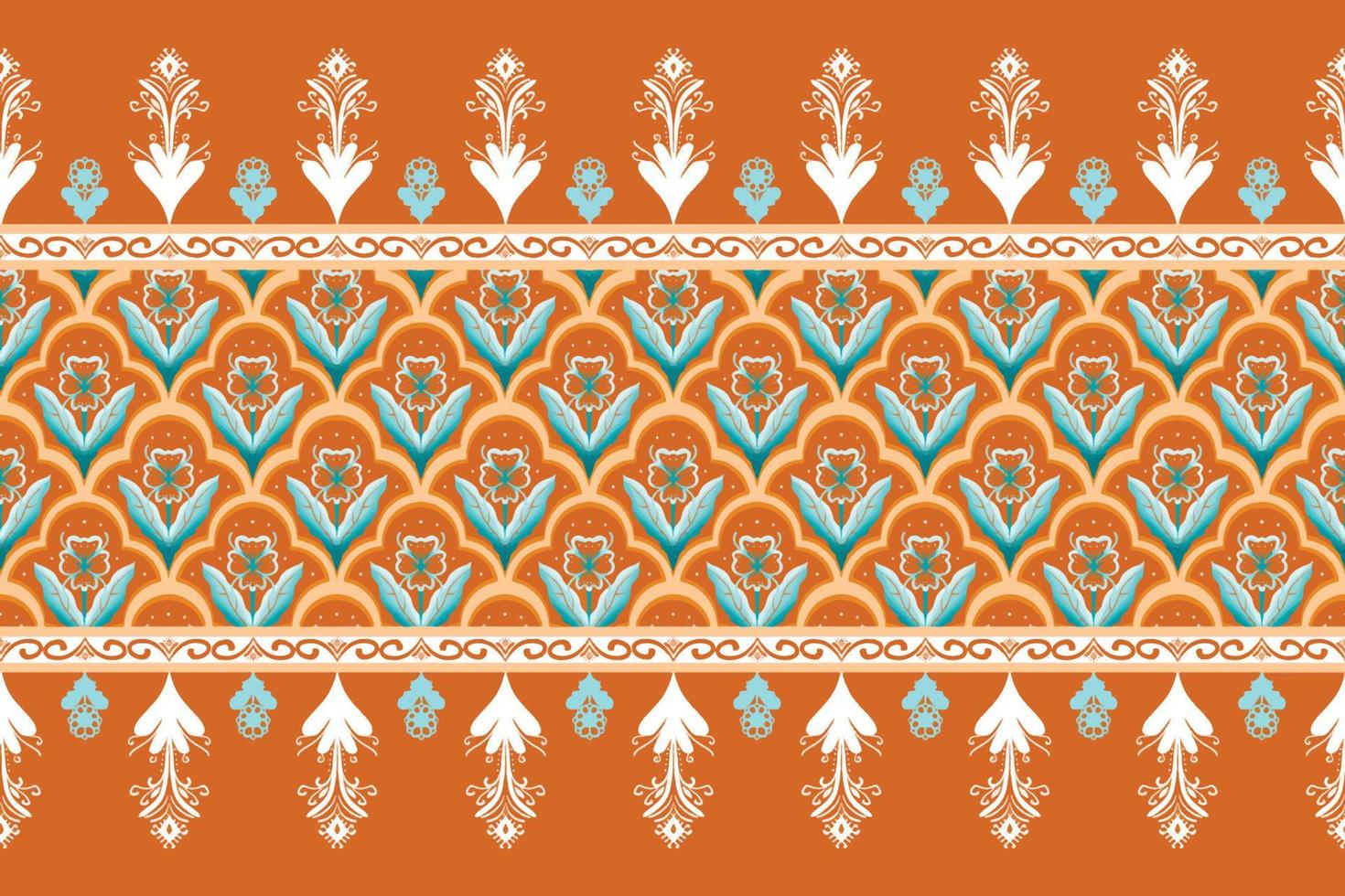 flor azul sobre patrón oriental étnico geométrico marrón anaranjado diseño tradicional para fondo, alfombra, papel pintado, ropa, envoltura, batik, tela, estilo de bordado de ilustración vectorial vector