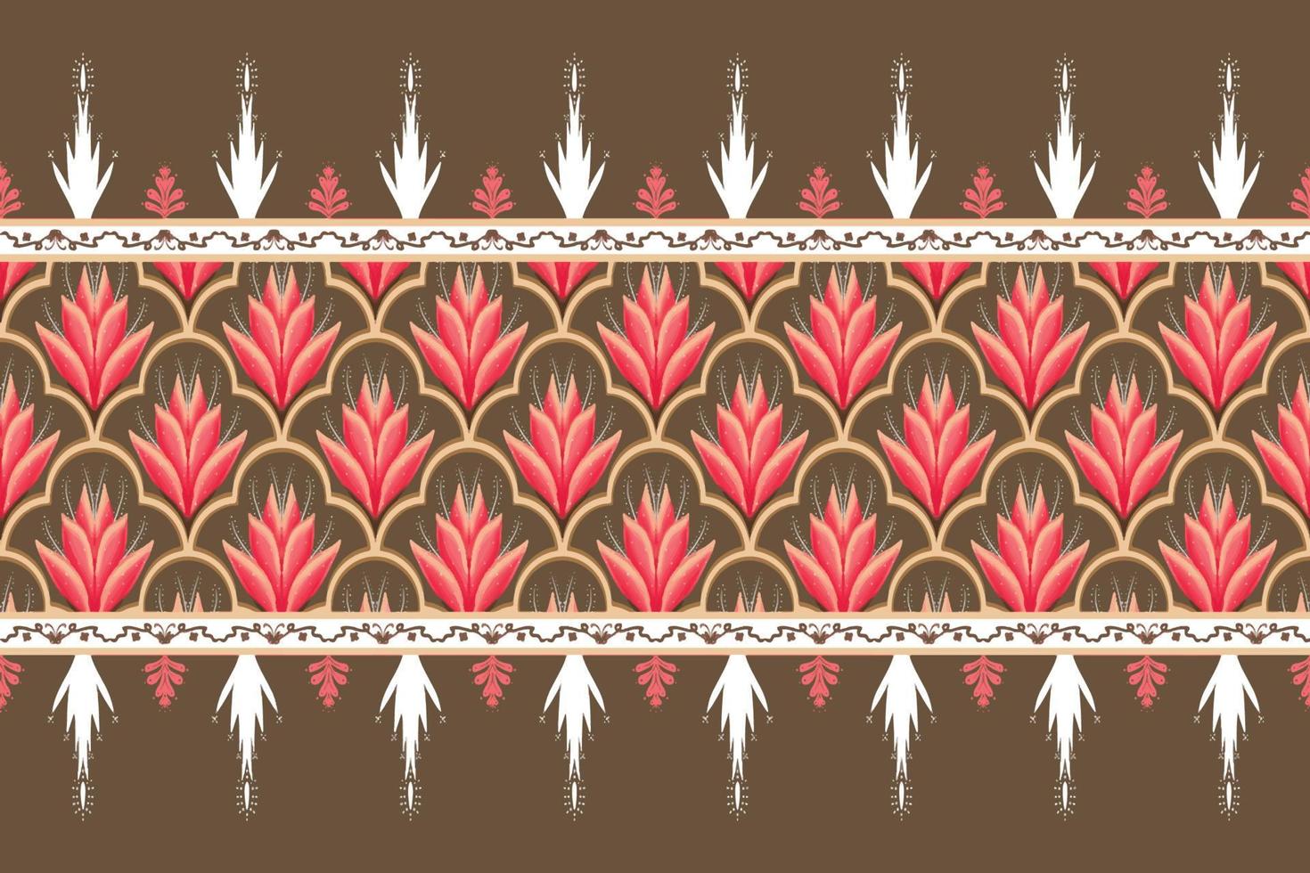 Pink Flower on Brown, White Geometric ethnic oriental pattern traditional Design for background,carpet,wallpaper,clothing,wrapping,Batik,fabric,vector illustration embroidery style vector