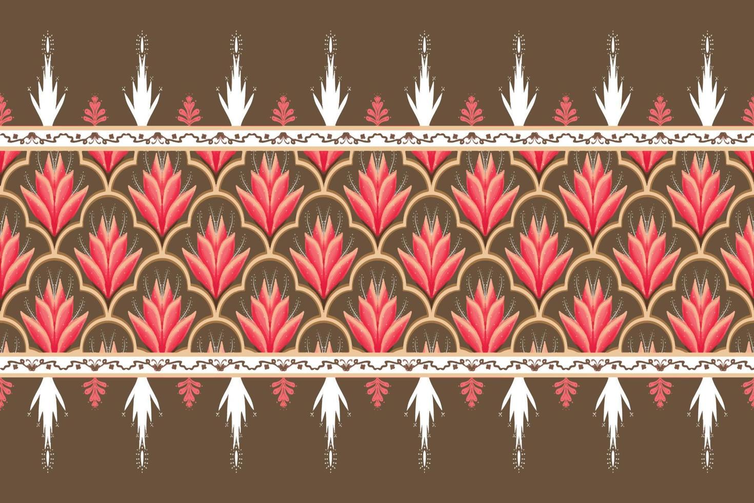 Pink Flower on Brown, White Geometric ethnic oriental pattern traditional Design for background,carpet,wallpaper,clothing,wrapping,Batik,fabric,vector illustration embroidery style vector