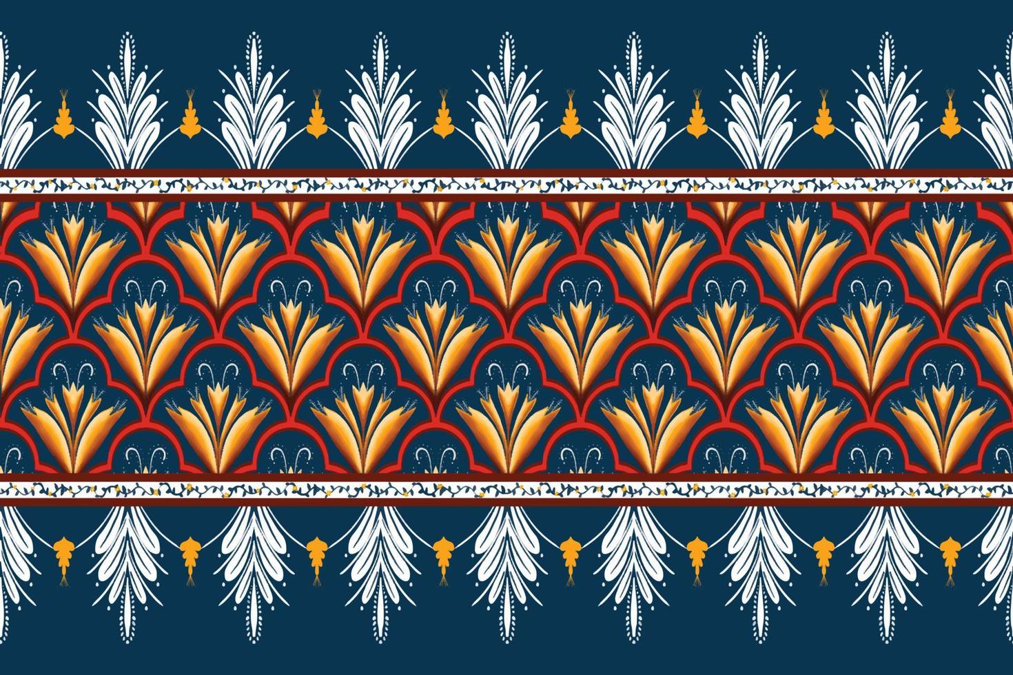 Yellow Flower on Navy Blue, Red Geometric ethnic oriental pattern traditional Design for background,carpet,wallpaper,clothing,wrapping,Batik,fabric, vector illustration embroidery style