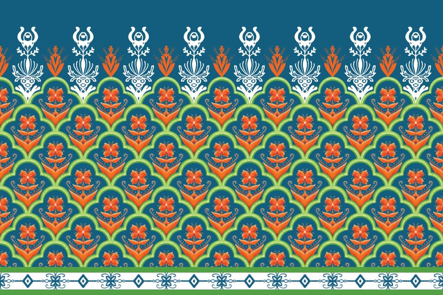 Orange Flower on Indigo Blue, Green Geometric ethnic oriental pattern traditional Design for background,carpet,wallpaper,clothing,wrapping,Batik,fabric, vector illustration embroidery style