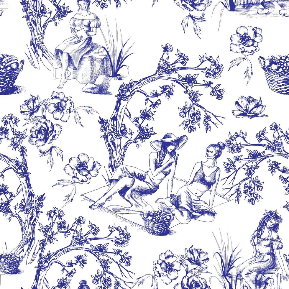 Seamless pattern in toile de jour style. Different hand drawn compositions with women. Texture for ceramic tile, wallpapers, wrapping gifts, web page backgrounds. Vector illustration