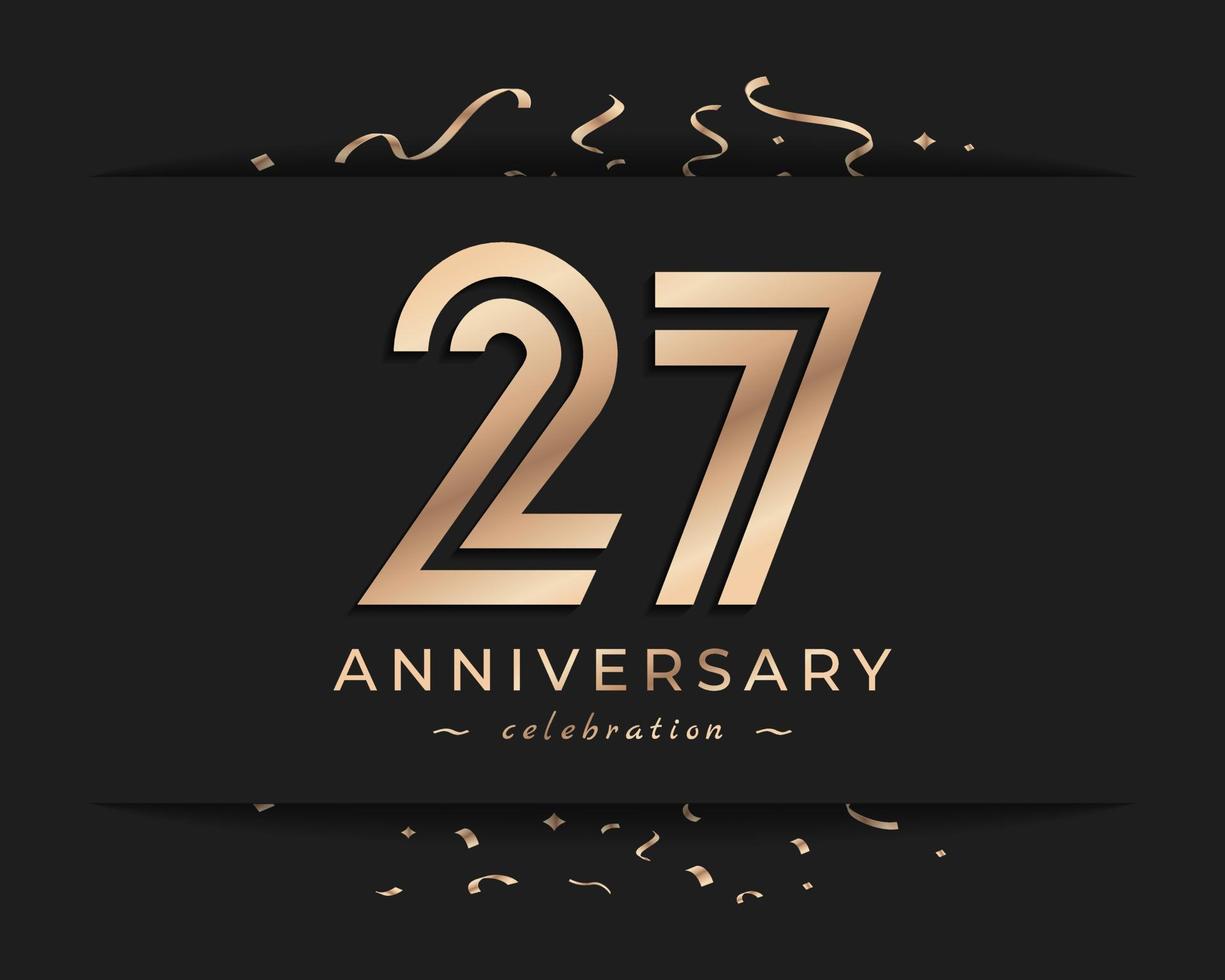 Diseño de estilo de logotipo de celebración de aniversario de 27 años. el saludo de feliz aniversario celebra el evento con múltiples líneas doradas y confeti aislado en la ilustración de diseño de fondo oscuro vector